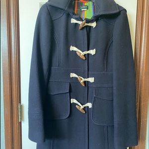 J CREW Womens Duffle Coat, Size 6 NAVY BLUE, Toggle Button Wool Blend, Hooded